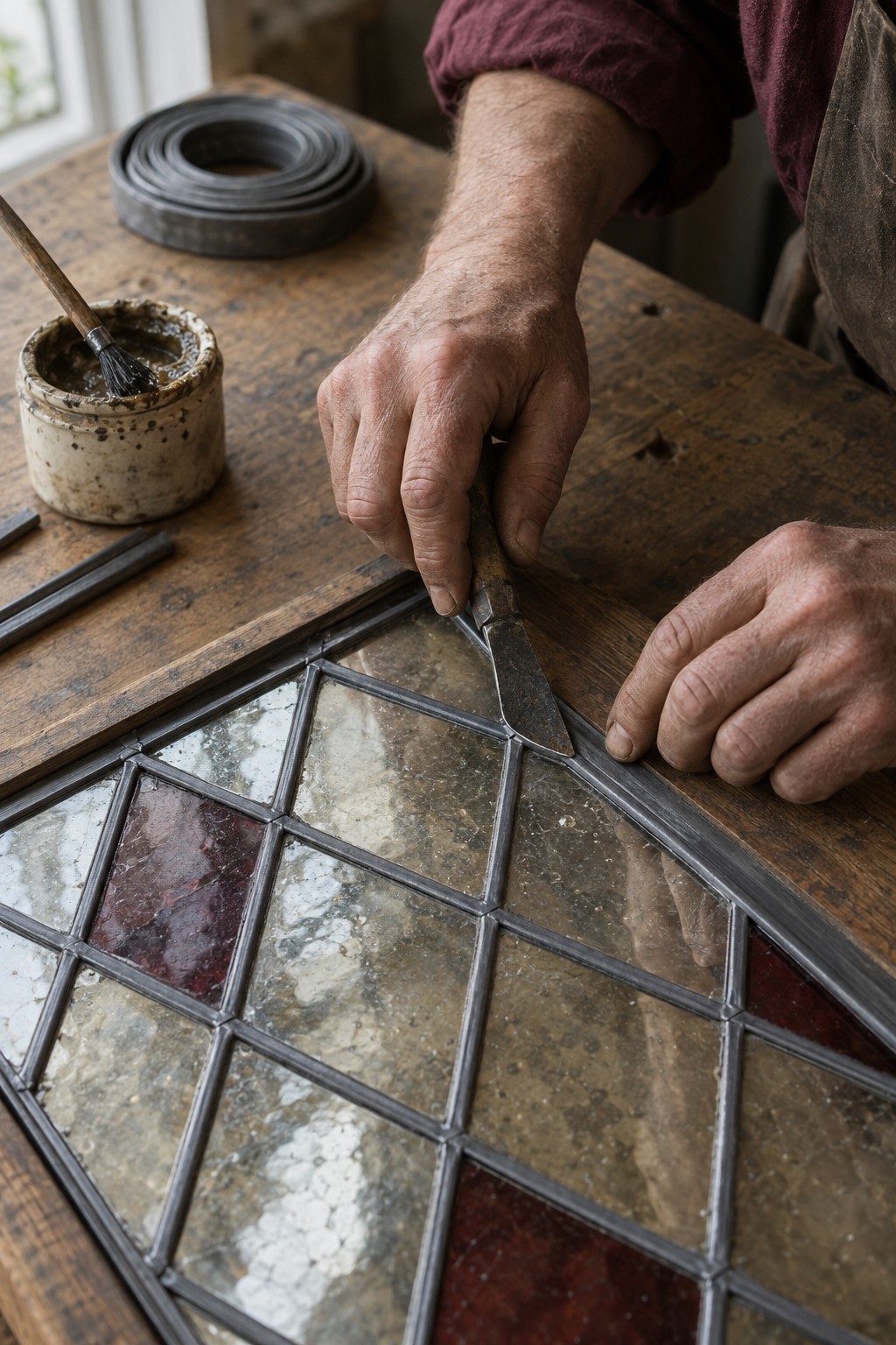 Hands assembling a diamond-pane leaded glass panel with lead cames at a workbench.