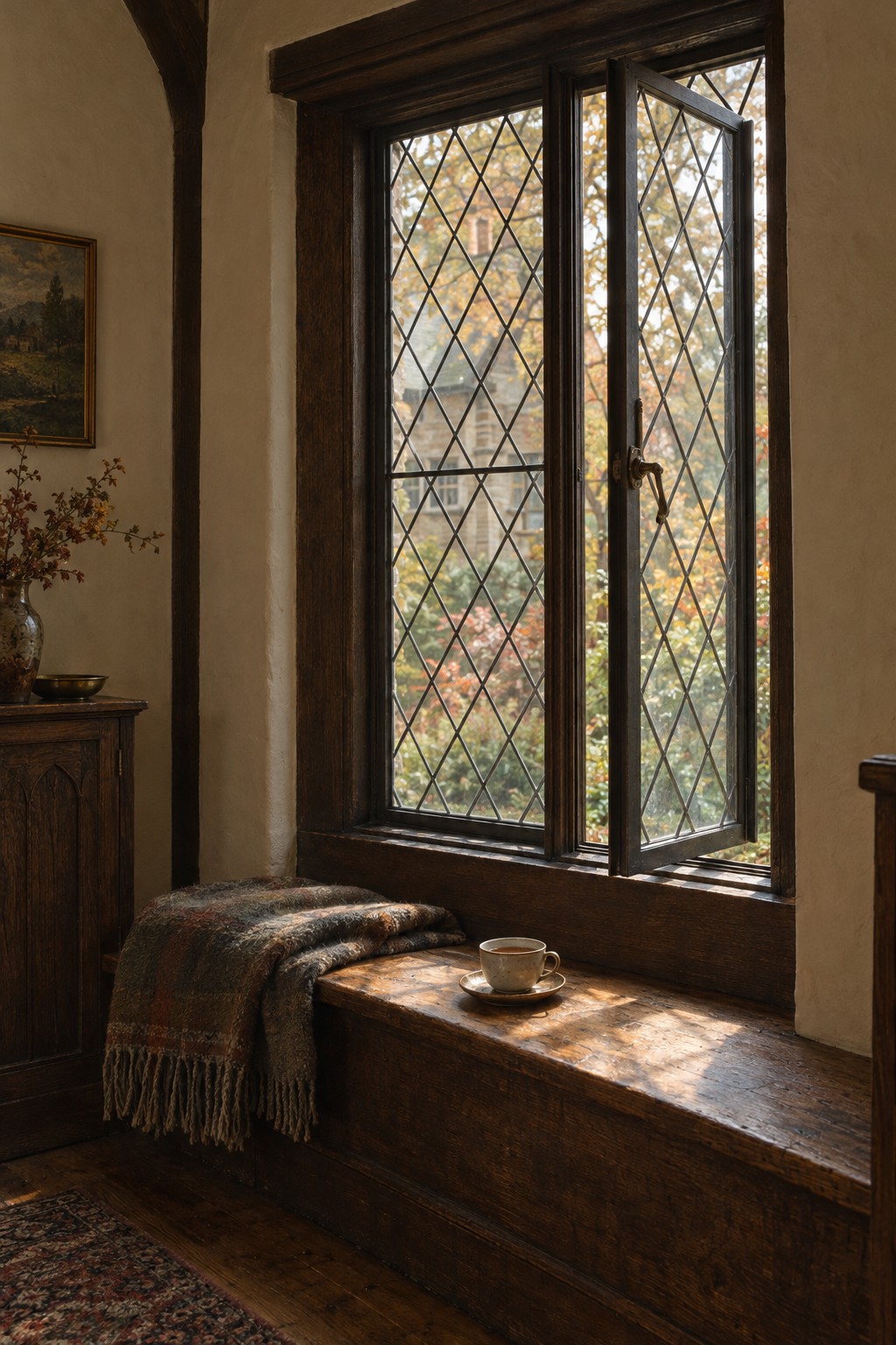 Interior view of steel casement windows with diamond leaded glass and deep plaster reveals.