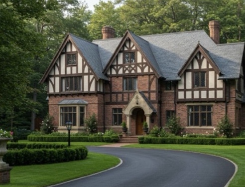 Tudor Revival house with steep half-timbered gables, brick walls and grouped casement windows.