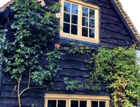 Arts and Crafts house with dark timber siding, deep eaves and divided-light wood windows.