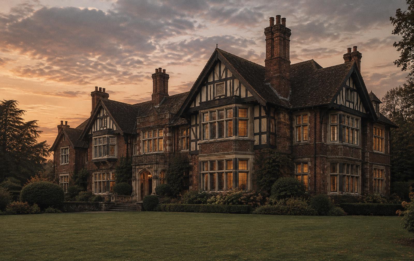 Brick and half-timbered Tudor Revival manor at sunset with lit grouped casement windows across the façade.