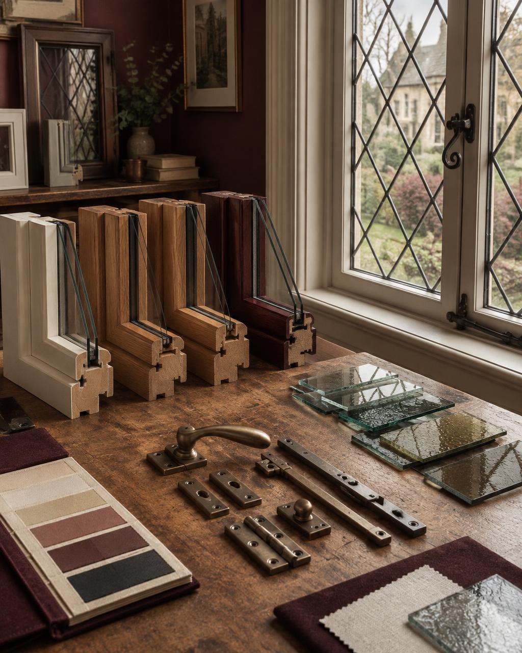 Wood window profile samples, glass swatches, hardware and finish cards laid out for a replacement window consultation.
