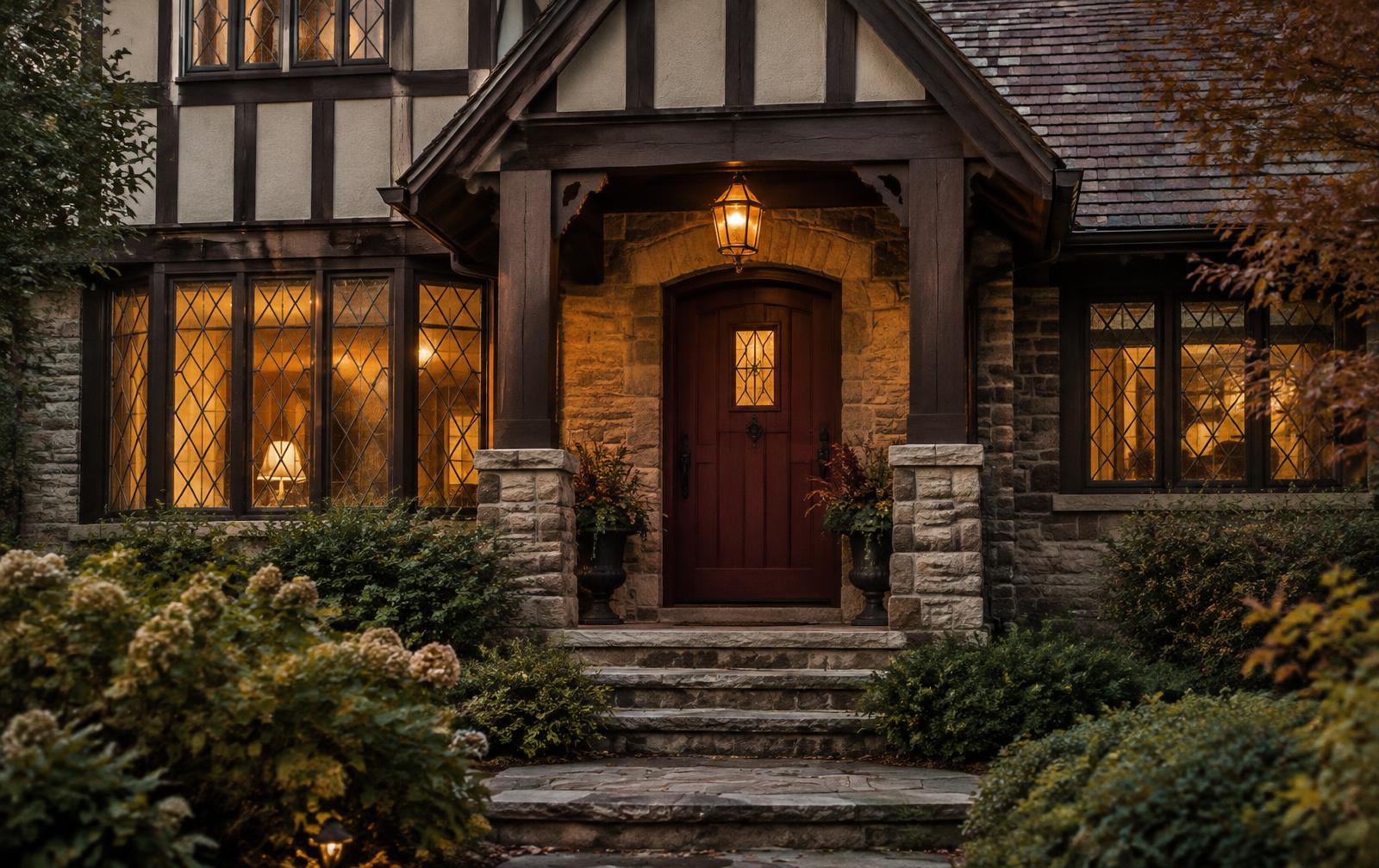 Tudor Revival entrance porch with a burgundy arched door, stone steps and glowing diamond-leaded windows at dusk.