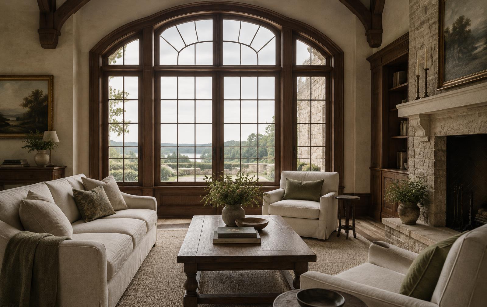 Arched custom wood window wall with divided lights and transoms in a traditional stone living room.