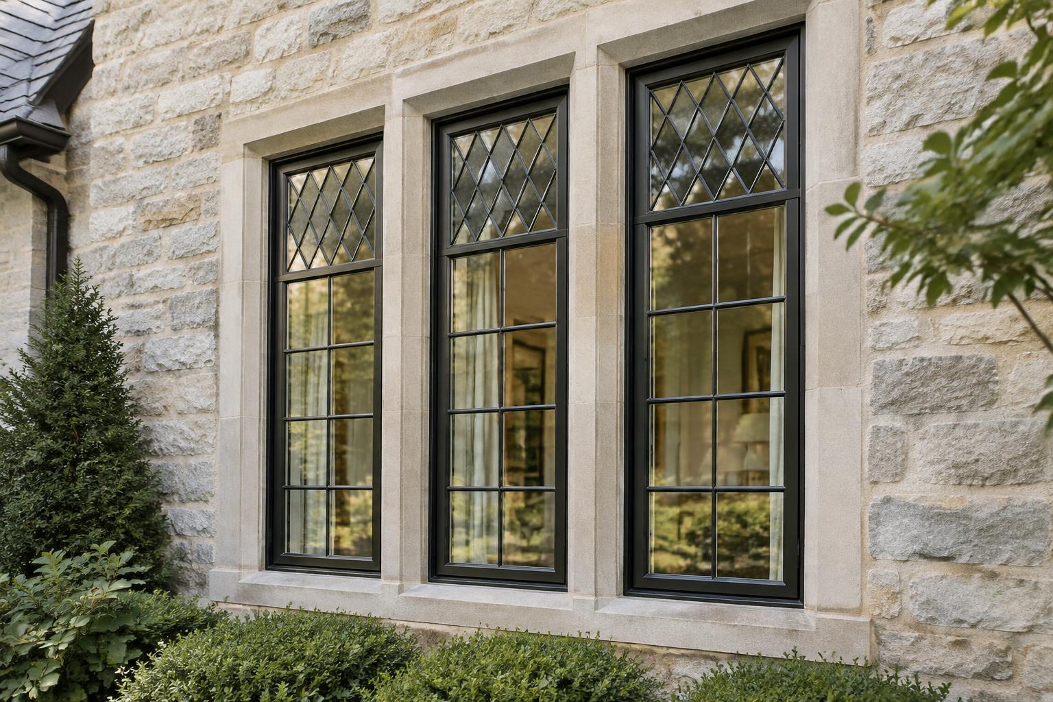 Slender steel replacement casement windows with patterned upper lights set in a stone Tudor Revival façade.