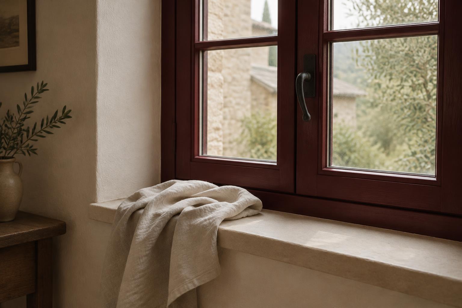 Linen cloth on the stone sill of a newly installed burgundy wood casement window with a dark iron handle.