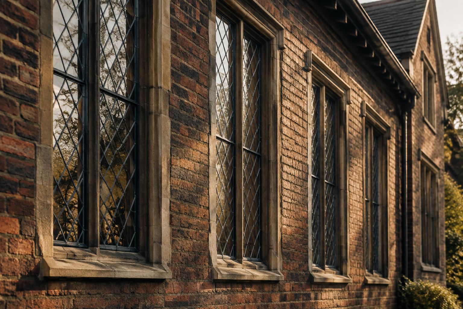 Row of tall narrow diamond-leaded casement windows with stone surrounds on a brick Tudor elevation.