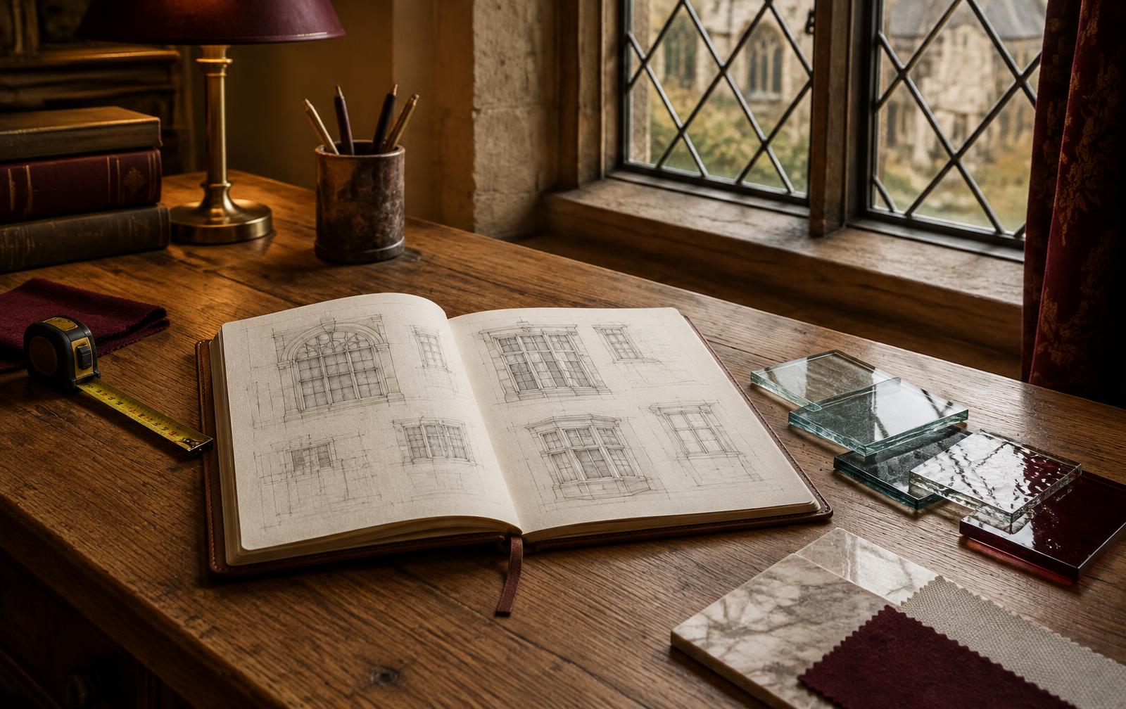 Notebook of window elevation sketches with tape measure and glass samples on an oak desk beside a leaded window.