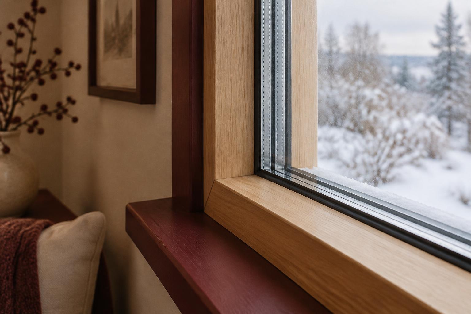 Edge of an insulated glass unit in a new oak window frame with a burgundy sill and a snowy winter view.