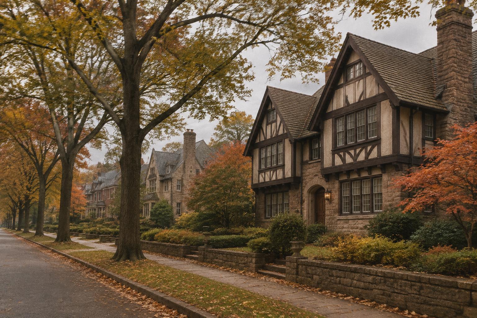 Tree-lined New Jersey street of early twentieth-century Tudor Revival and stone houses in autumn.