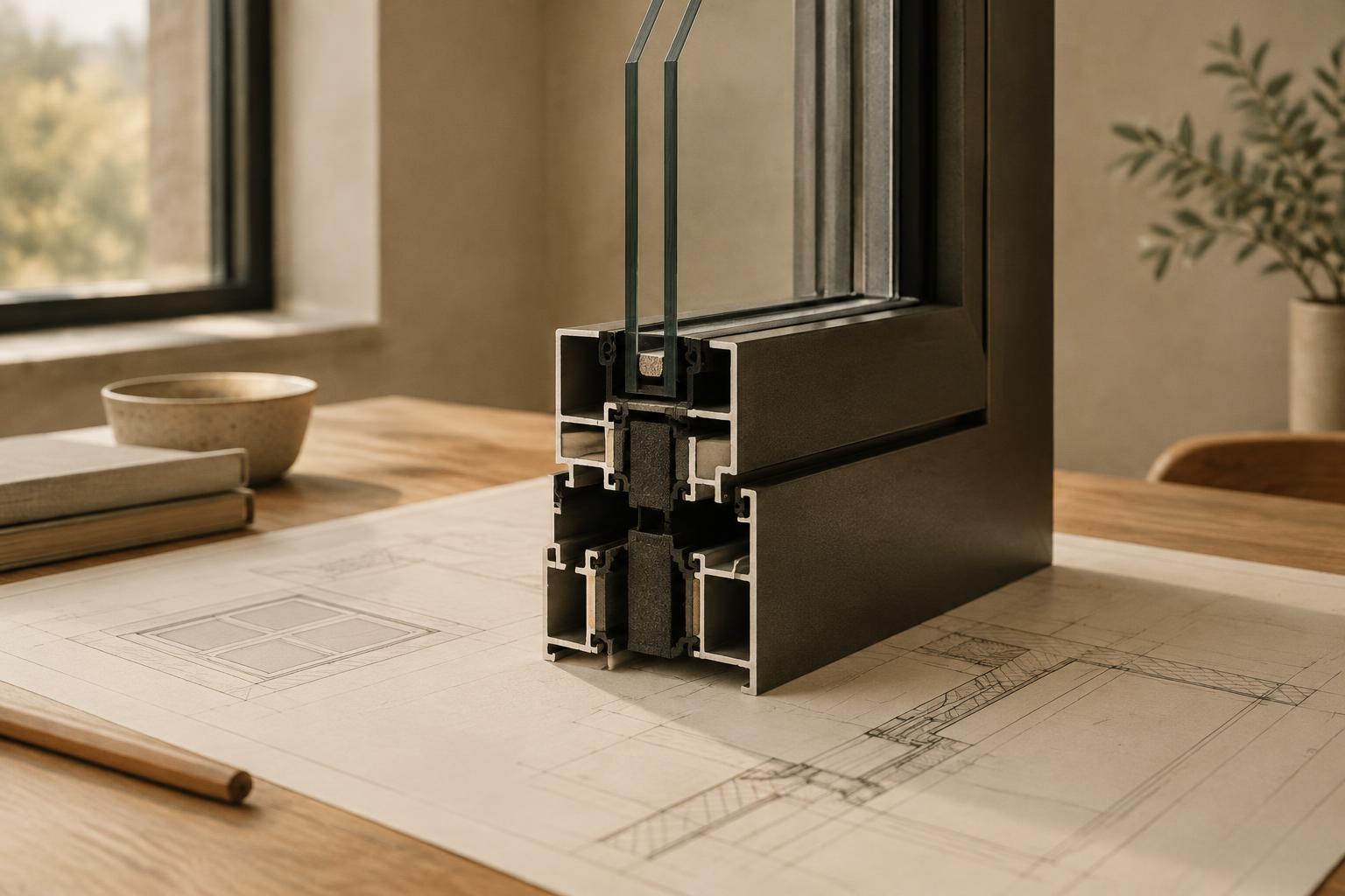 Cross-section sample of a thermally broken steel window frame with insulated glass resting on architectural drawings.