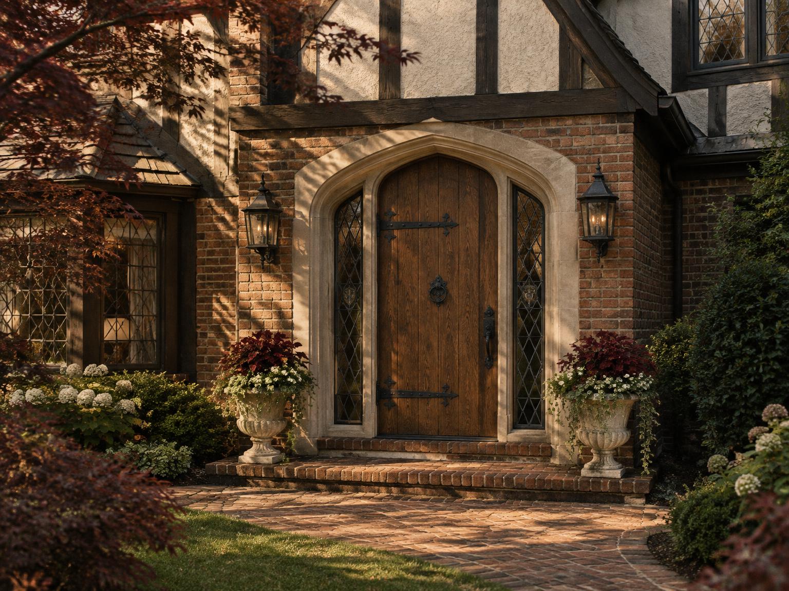 Arched oak entry door with iron strap hinges and diamond-leaded sidelights in a brick Tudor Revival porch.