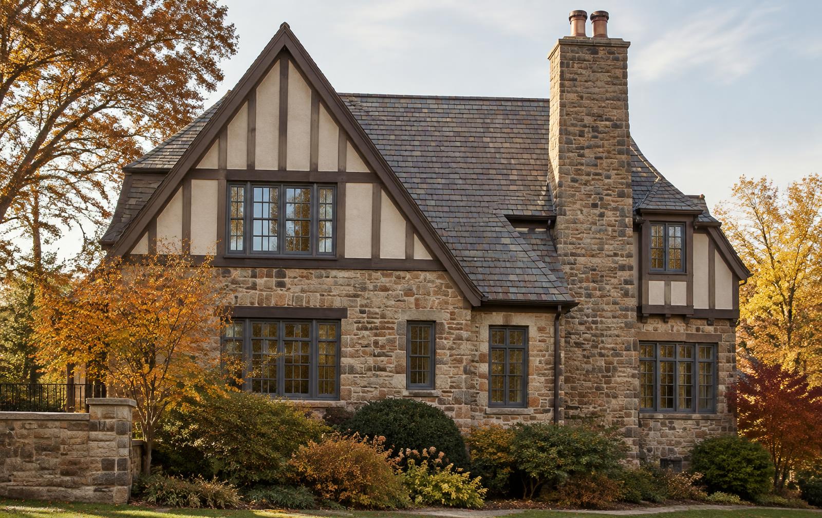 Stone and half-timbered Tudor Revival house with slate roof, tall chimney and dark divided-light casement windows in autumn.